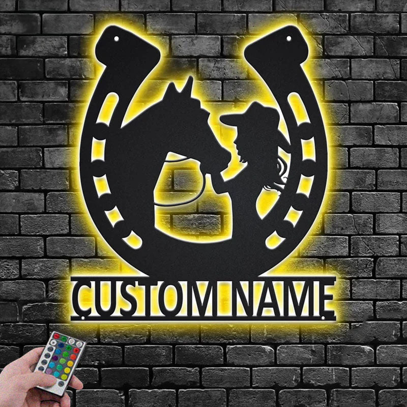 Custom Name Cowgirl Name Sign Decoration For Room, Metal Wall Signs With RGB Led Light