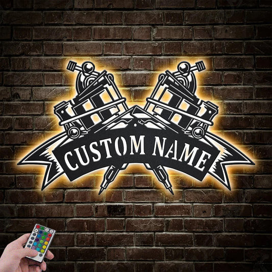 Custom Name Crossed Tattoo Machine Metal Wall Signs With RGB Led Light