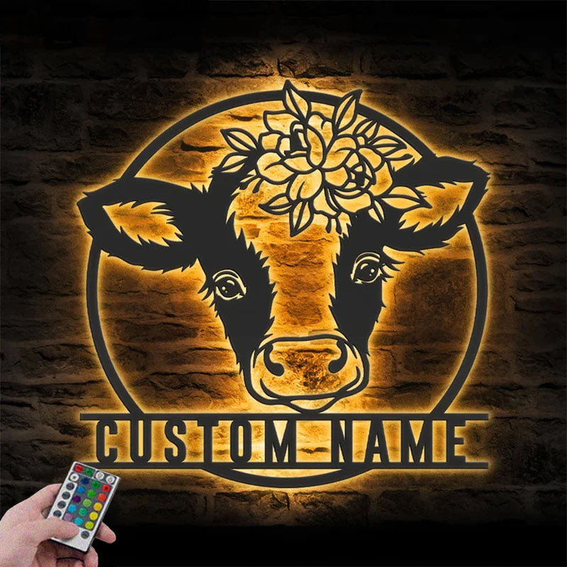 Custom Name Cute Calf Farm Name Sign Home Decor Heifer Barn, Metal Wall Signs With RGB Led Light