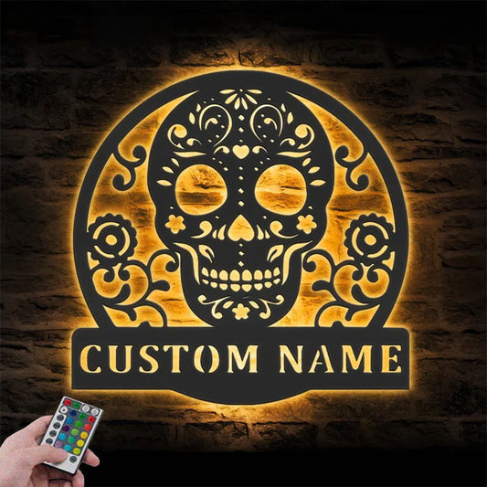 Custom Name Day of the Dead Name Sign Home Decor Metal Wall Signs With RGB Led Light