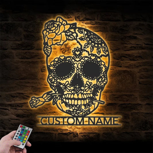 Custom Name Day of the Dead Sign Home Decor Sugar Skull With Rose Metal Wall Signs With RGB Led Light