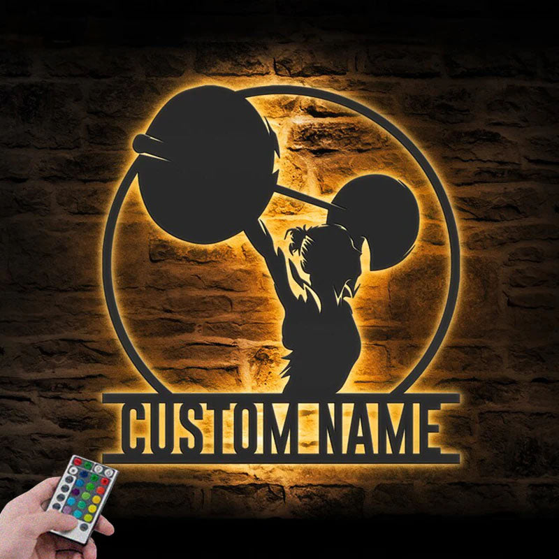 Custom Name Deadlift Barbell Name Sign Home Decor Bodybuilding Gym Fitness Metal Wall Signs With RGB Led Light