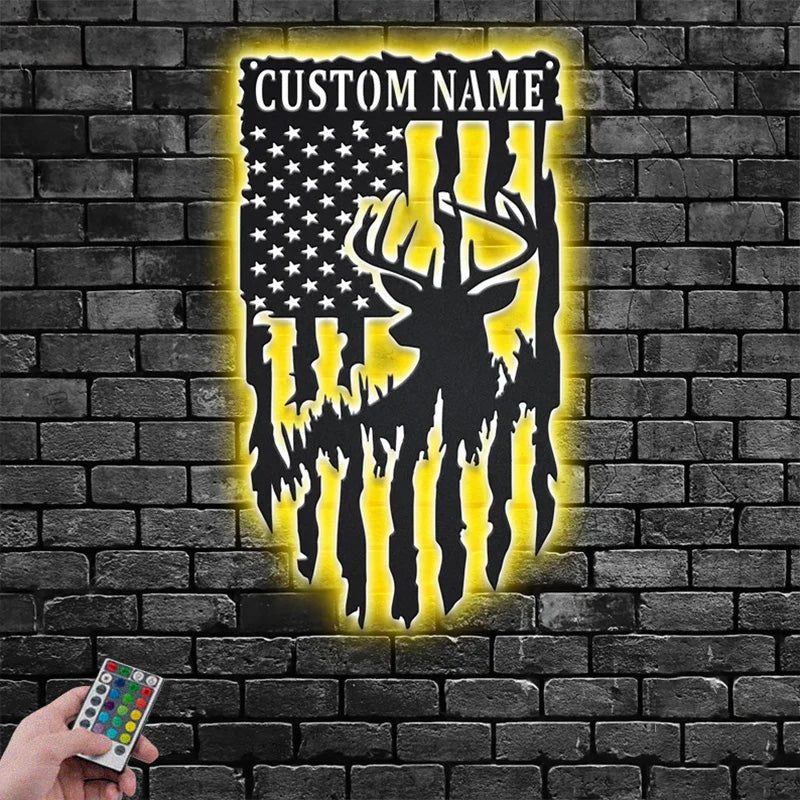 Custom Name Deer Hunter Decoration For Room Metal Wall Signs With RGB Led Light