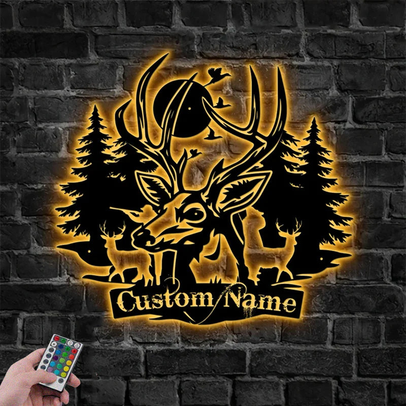 Custom Name Deer, Hunting Lover Metal Wall Signs With RGB Led Light
