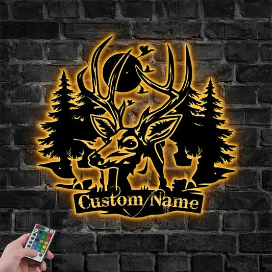 Custom Name Deer, Hunting Lover Metal Wall Signs With RGB Led Light