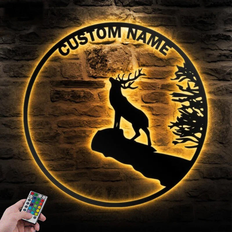 Custom Name Deer and Moon Metal Wall Signs With RGB Led Light