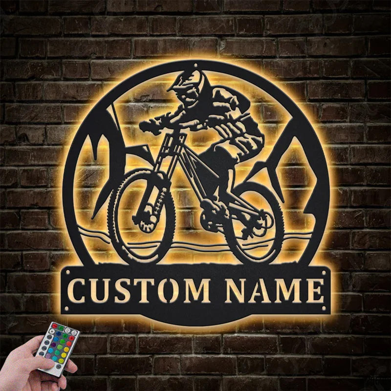 Custom Name Downhill Mountain Biking Metal Wall Signs With RGB Led Light