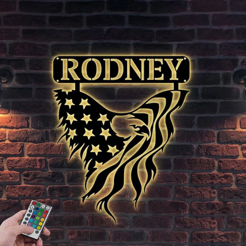 Custom Name Eagle With US Flag Name Metal Wall Signs With RGB Led Light