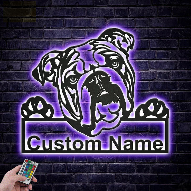 Custom Name English Bulldog Dog, Metal Wall Signs With RGB Led Light