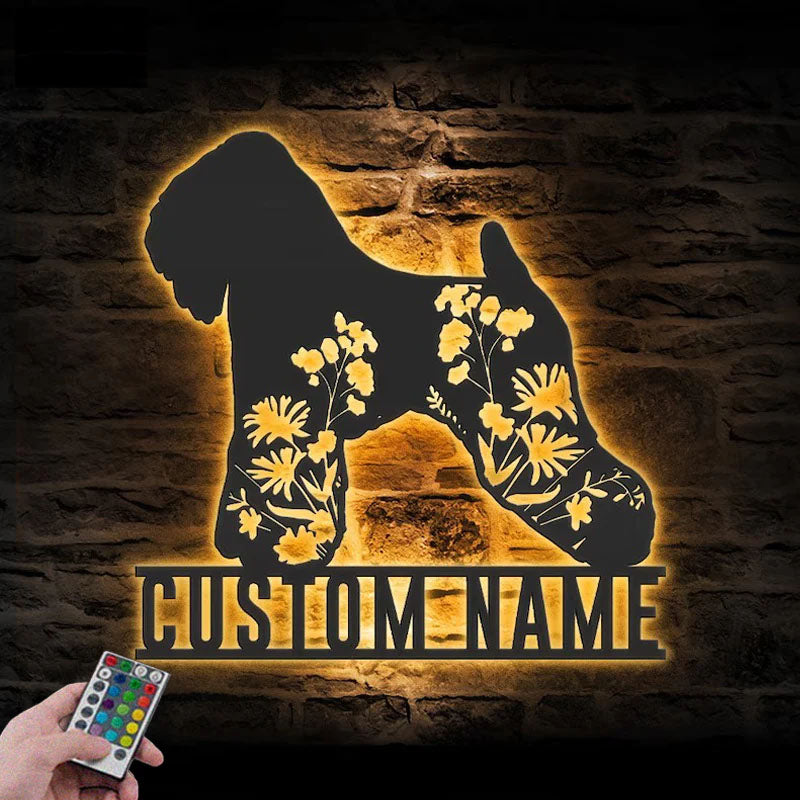 Custom Name FLoral Soft Coated Wheaten Terrier Metal Wall Signs With RGB Led Light
