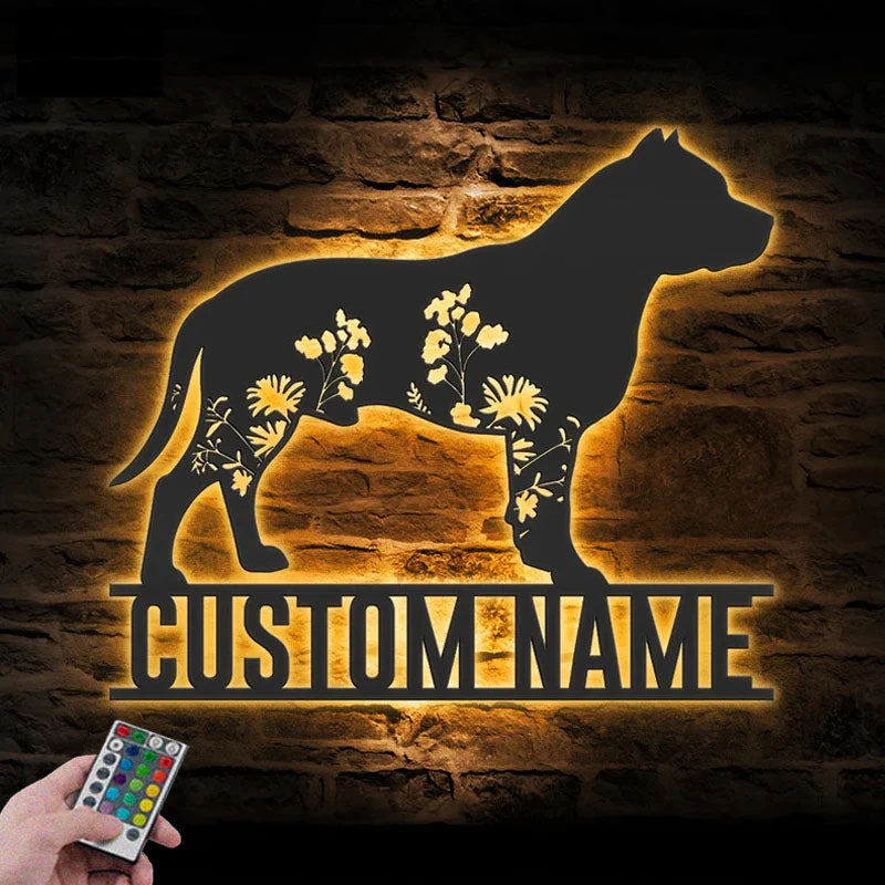Custom Name FLoral Staffordshire Bull Terrier Metal Wall Signs With RGB Led Light