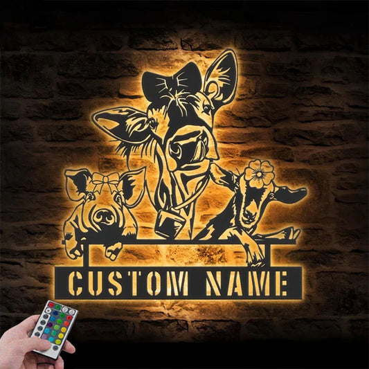 Custom Name Farmhouse Metal Wall Signs With RGB Led Light