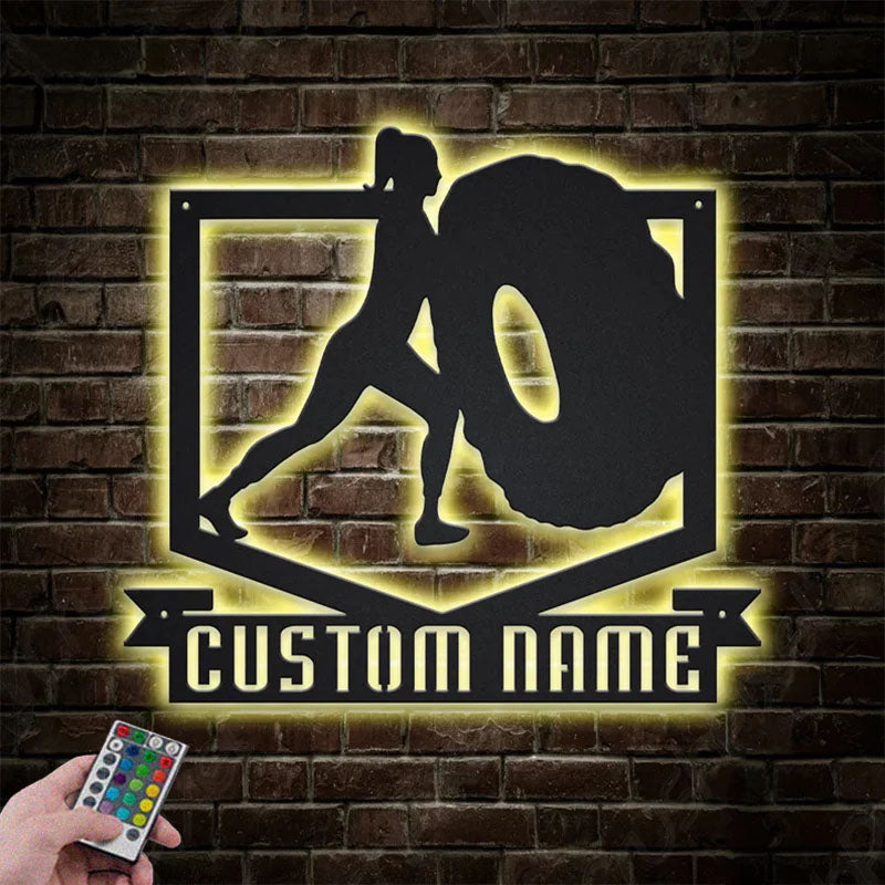 Custom Name Female Bodybuilder For Gym Room WeightLifting Metal Wall Signs With RGB Led Light