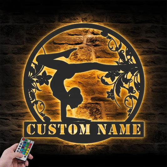 Custom Name Female Gymnastics Fitness Metal Wall Signs With RGB Led Light