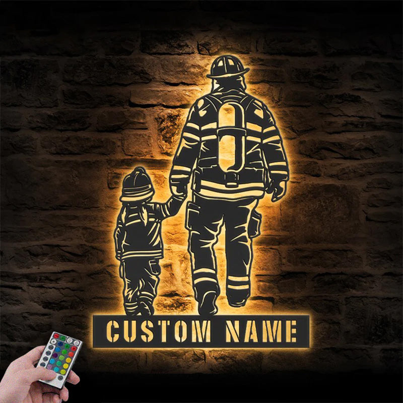 Custom Name Firefighter Father And Daughter Metal Wall Signs With RGB Led Light