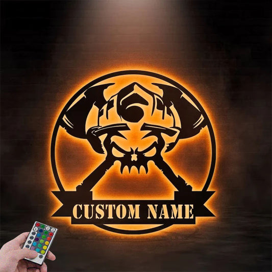Custom Name Firefighter Skull Metal Wall Signs With RGB Led Light
