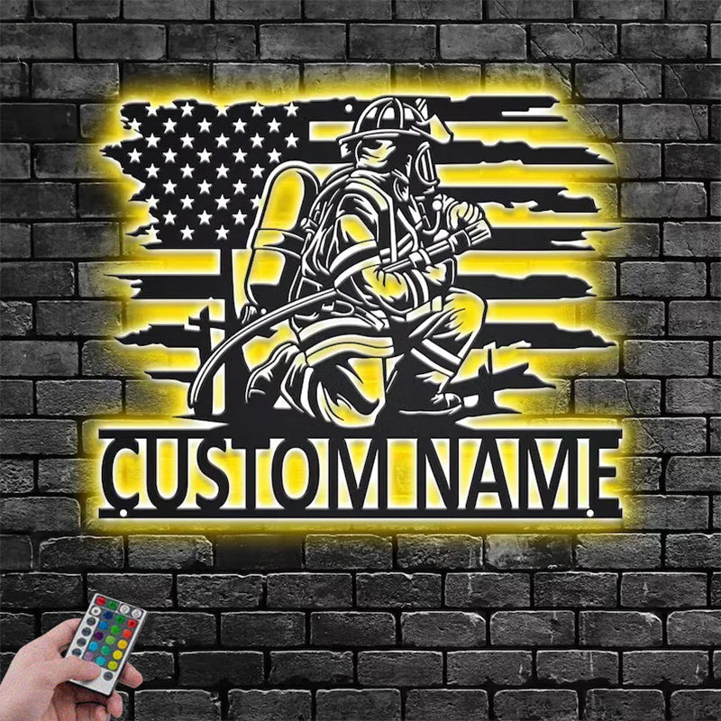 Custom Name Fireman Name Sign Decoration For Room, Metal Wall Signs With RGB Led Light