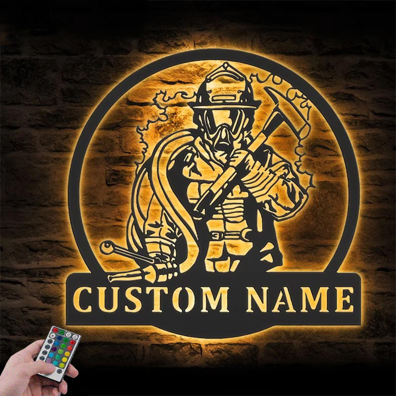 Custom Name Fireman Name Sign Home Decor Fire Department, Metal Wall Signs With RGB Led Light