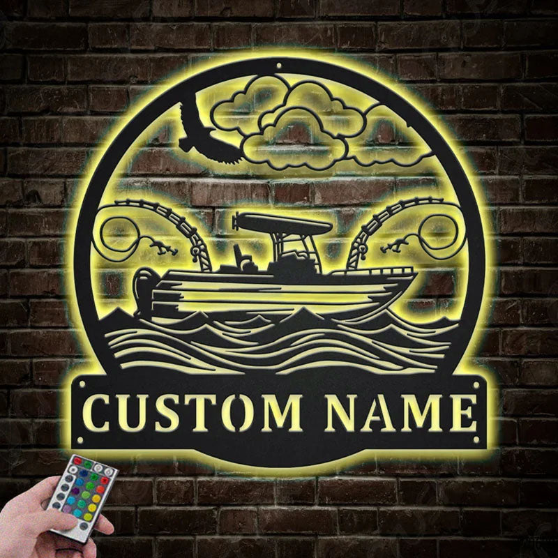 Custom Name Fishing Boat Metal Wall Signs With RGB Led Light