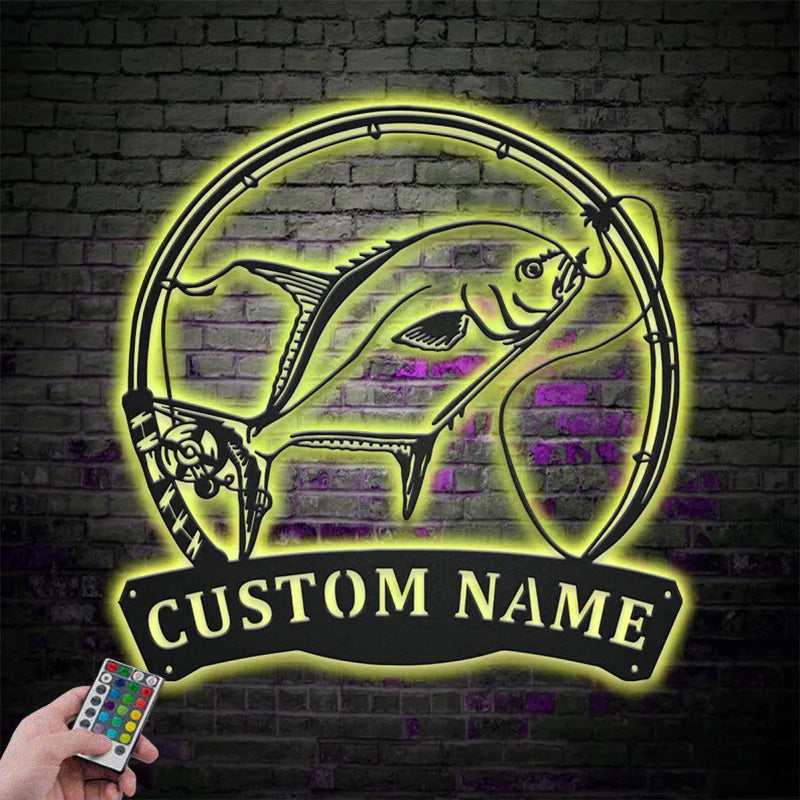 Custom Name Florida Pompano Fish Pole Metal Wall Signs With RGB Led Light