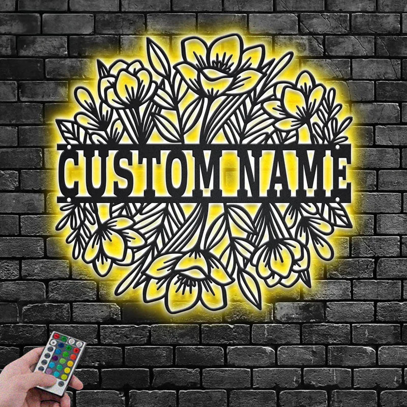 Custom Name Flower Border Name Sign Decoration For Room, Metal Wall Signs With RGB Led Light