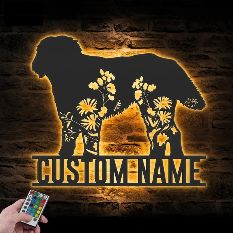 Custom Name Flower Dog Lover Name Sign Home Decor, Metal Wall Signs With RGB Led Light