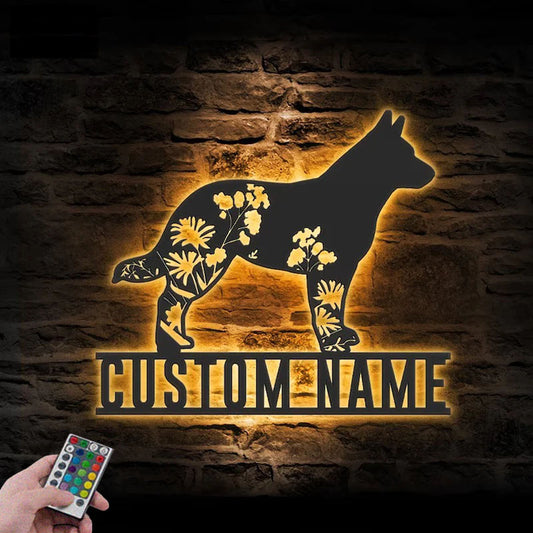 Custom Name Flower Dog Lover Name Sign Home Decor, Metal Wall Signs With RGB Led Light