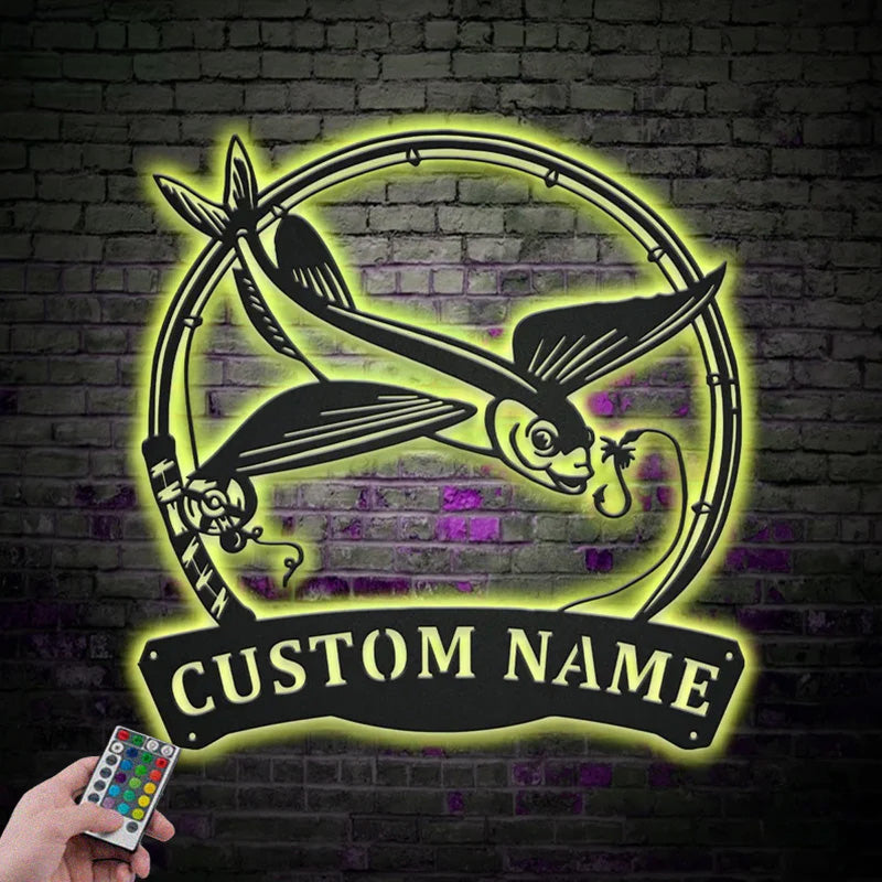 Custom Name Flying Fishing Fish Pole Metal Wall Signs With RGB Led Light