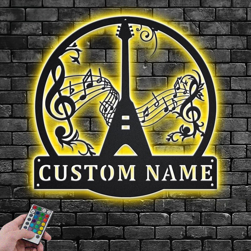Custom Name Flying V Guitar Name Sign Decoration For Room, Metal Wall Signs With RGB Led Light