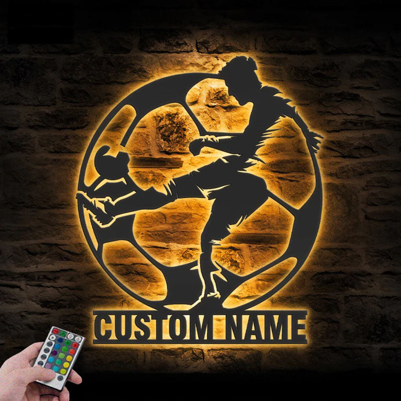 Custom Name Football Player Lover Sign Home Decor, Metal Wall Signs With RGB Led Light