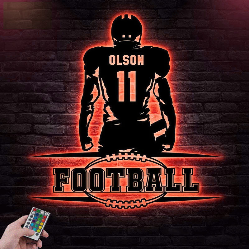 Custom Name Football Player Wall Decor, Metal Wall Signs With RGB Led Light