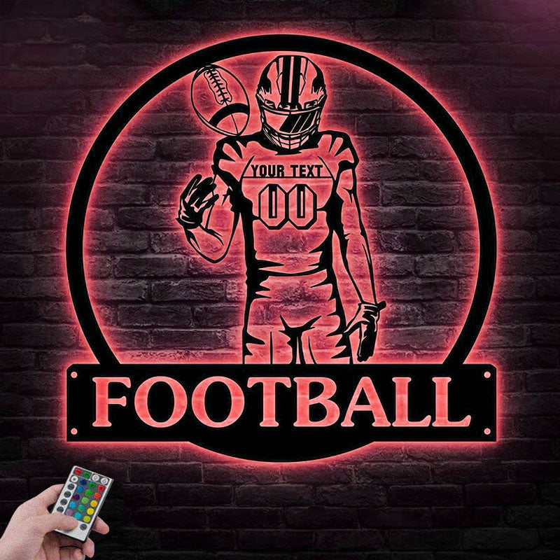 Custom Name Football Player Wall Decor, Metal Wall Signs With RGB Led Light