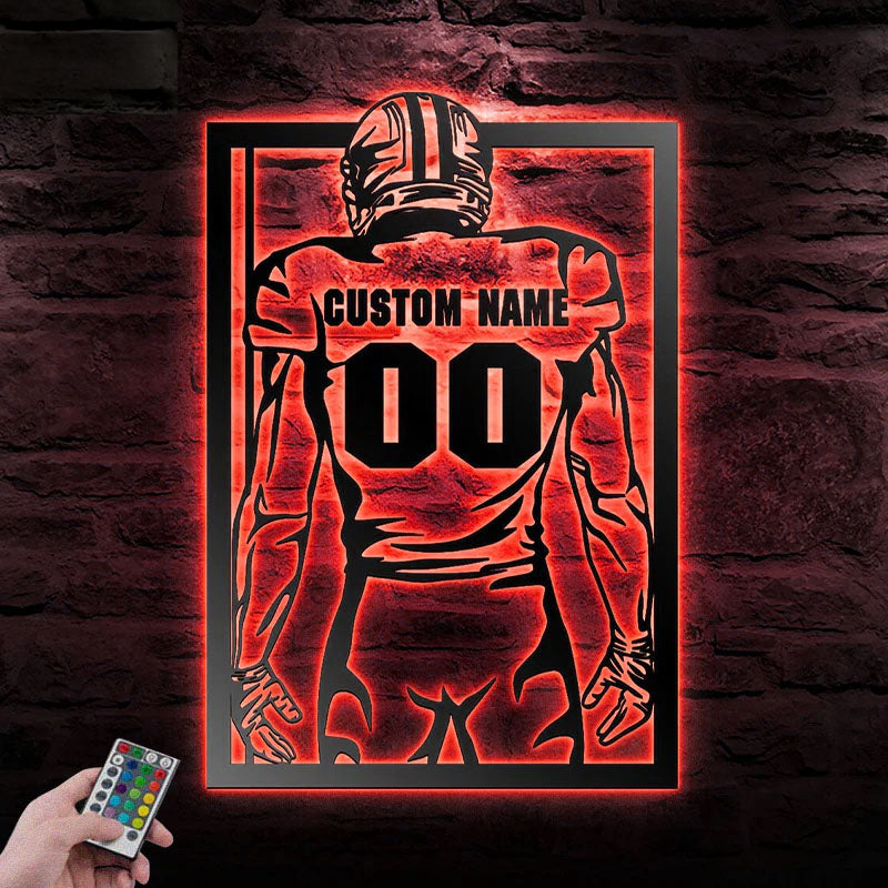Custom Name Football Player Wall Decor, Metal Wall Signs With RGB Led Light