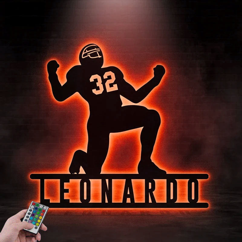 Custom Name Football Player, Metal Wall Signs With RGB Led Light