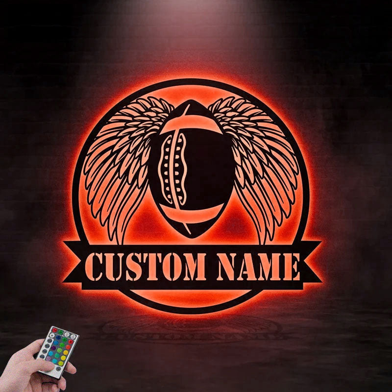 Custom Name Football With Wing, Metal Wall Signs With RGB Led Light