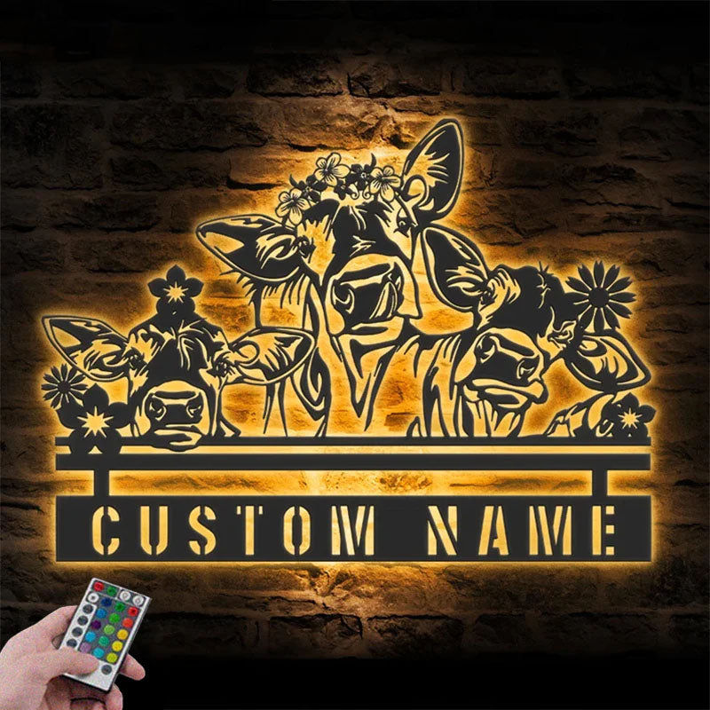 Custom Name Funny Calf Farm Name Sign Home Decor Heifer Barn, Metal Wall Signs With RGB Led Light