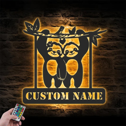 Custom Name Funny Lazy Sloth Lover Metal Wall Signs With RGB Led Light