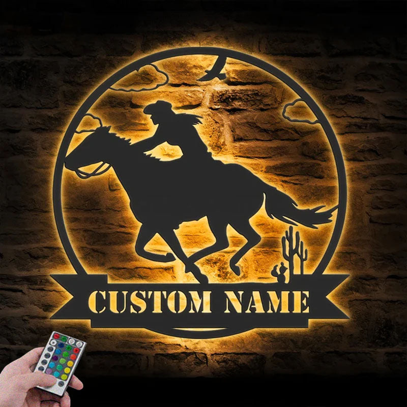 Custom Name Girl And Horse Name Sign Home Decor Horse Farmhouse Barn, Metal Wall Signs With RGB Led Light