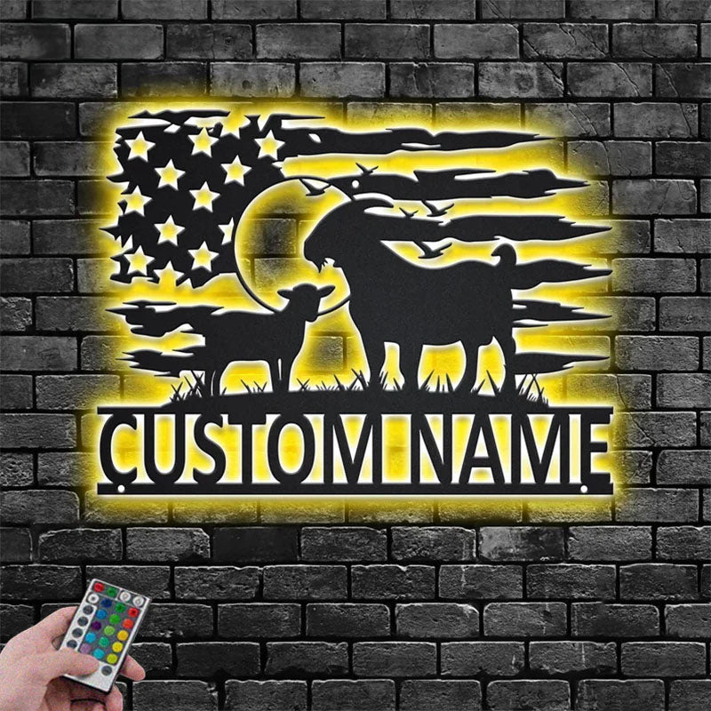 Custom Name Goat Farm Name Sign Decoration For Living Room, Metal Wall Signs With RGB Led Light