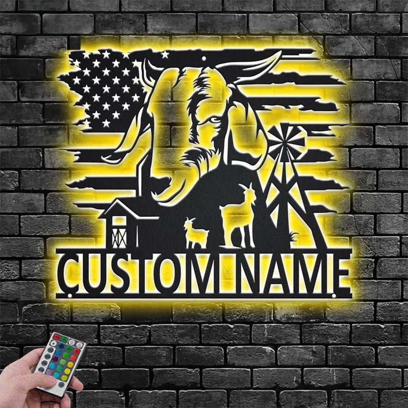 Custom Name Goat Farm Name Sign Decoration For Room, Metal Wall Signs With RGB Led Light