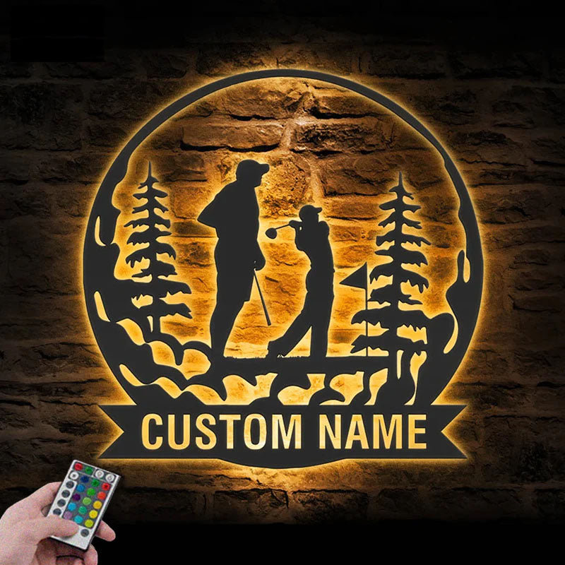 Custom Name Golfer Family Name Sign Home Decor 19th Hole Golf Club, Metal Wall Signs With RGB Led Light