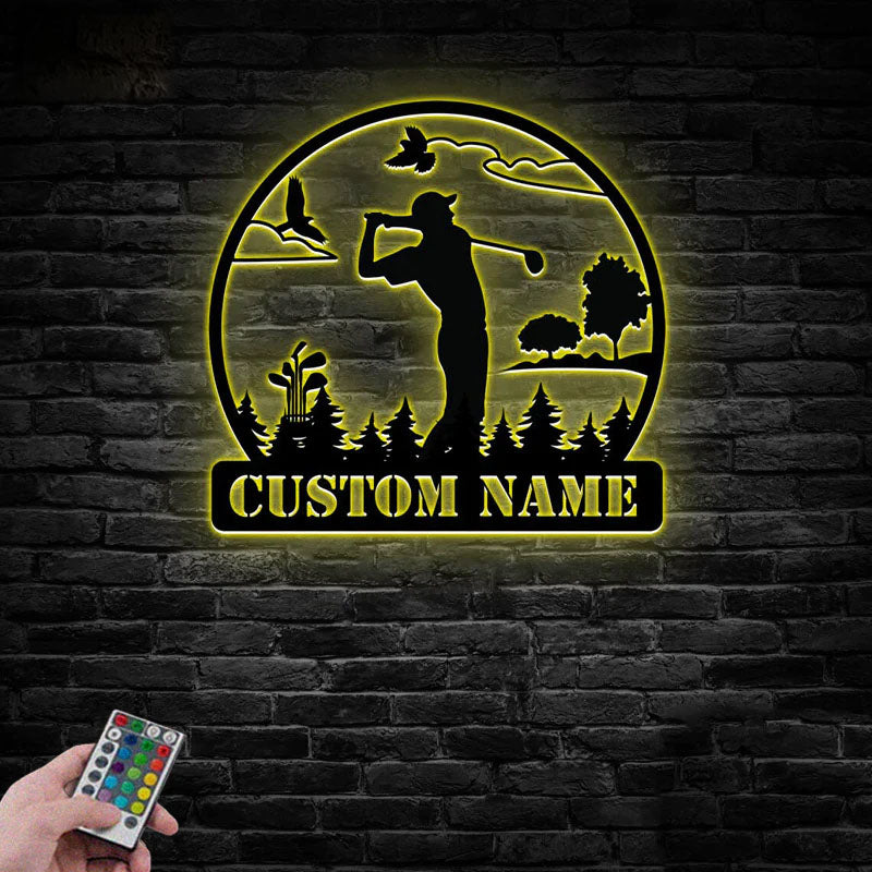 Custom Name Golfer Golf Club Decoration Man Cave Golf, Metal Wall Signs With RGB Led Light
