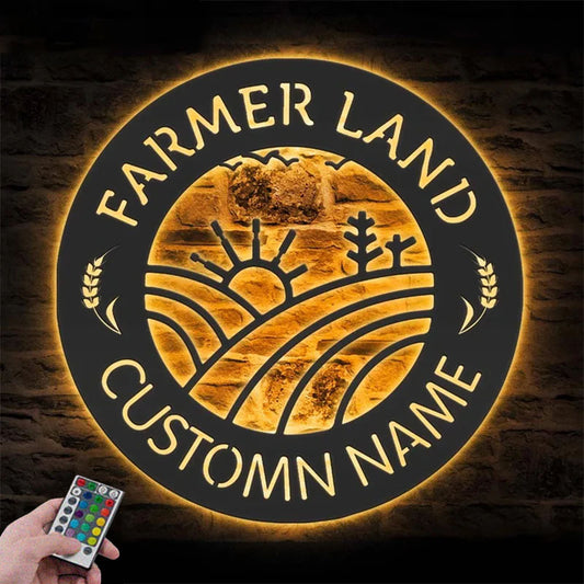 Custom Name Grain Farmhouse Name Sign Home Decor Business Barn, Metal Wall Signs With RGB Led Light