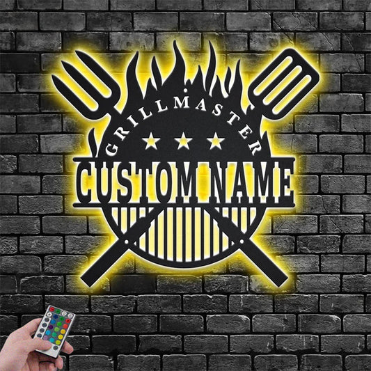 Custom Name Grillmaster BBQ Metal Wall Signs With RGB Led Light
