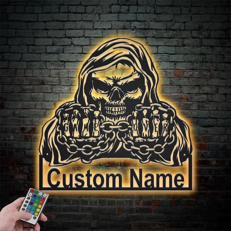 Custom Name Grim Reaper Skull Skeleton Metal Wall Signs With RGB Led Light