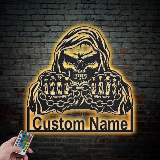 Custom Name Grim Reaper Skull Skeleton Metal Wall Signs With RGB Led Light