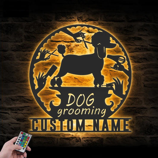 Custom Name Groomer Name Sign Home Decor Pet Barber Shop, Metal Wall Signs With RGB Led Light