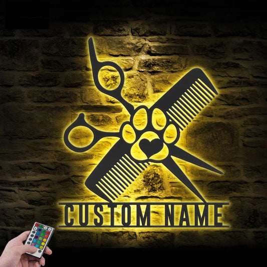 Custom Name Groomer Name Sign Home Decor Pet Grooming, Metal Wall Signs With RGB Led Light