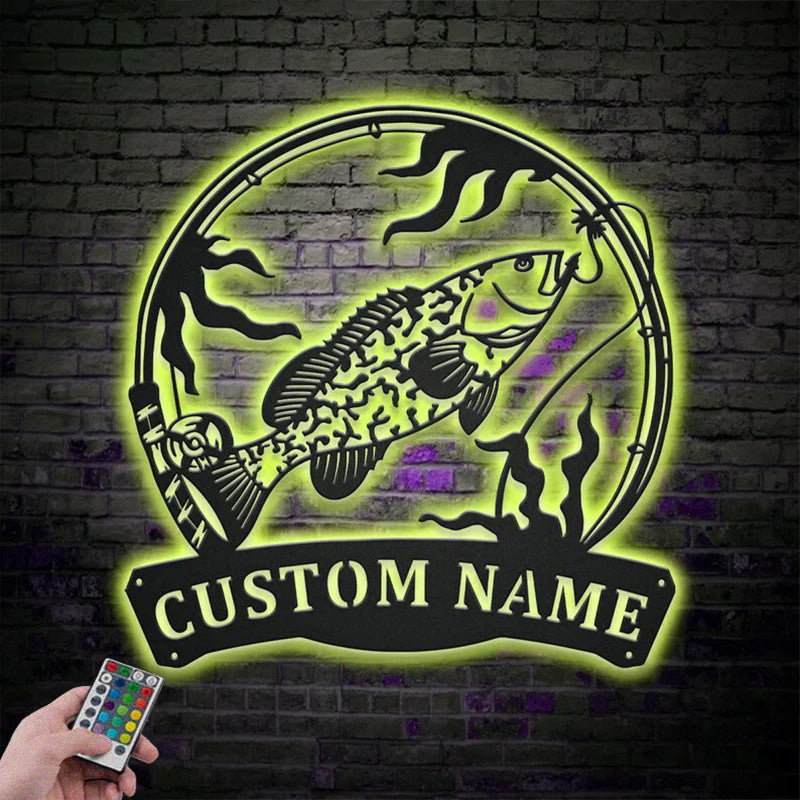 Custom Name Grouper Fishing Fish Pole Metal Wall Signs With RGB Led Light