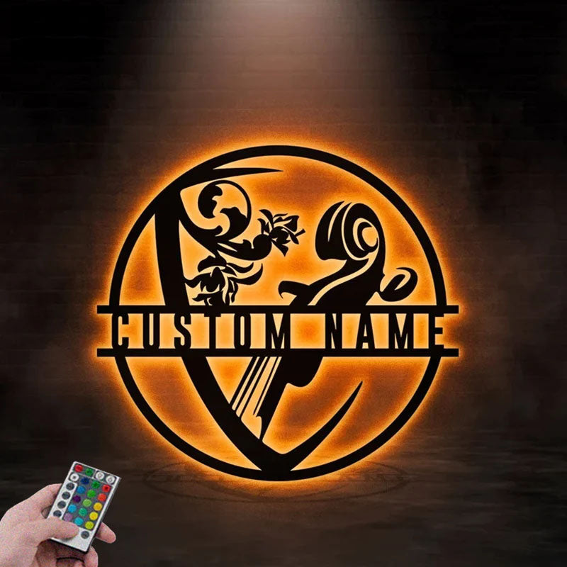 Custom Name Guitar Floral Metal Wall Signs With RGB Led Light